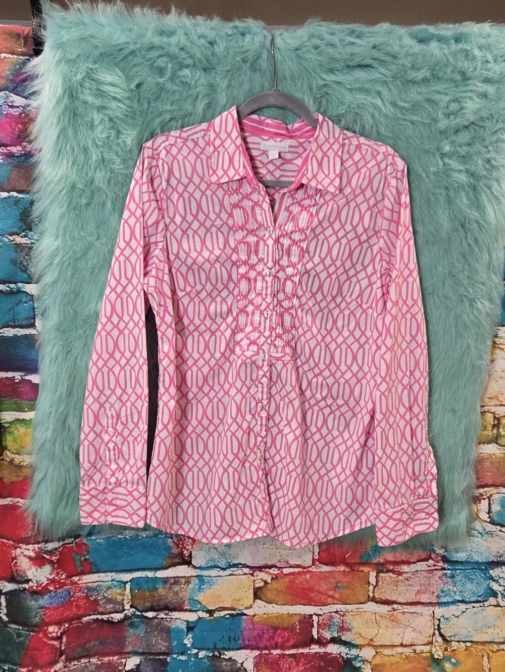 Charter Club Pink and White Long Sleeve Front Button Shirt Size 14